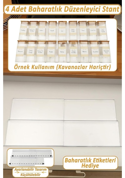 4 Adet Çekmece Içi Baharatlık Düzenleyici Stant 30,5 Cm X 13cm Kavanozlar Hariçtir Z305 Şeffa