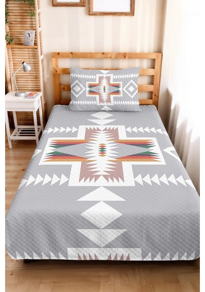 Gri Etnik Geometrik Genç Odası Tek Kişilik Pike Takımı-bohem Beyaz 160x220 Cm Kapitone Yatak Örtüsü Mercansı Kum Tonu
