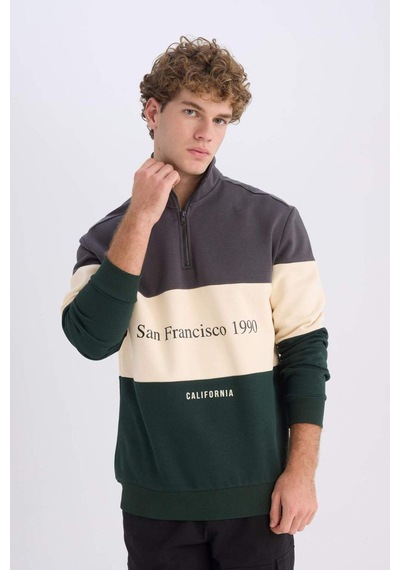 DeFacto Relax Fit Dik Yaka Fermuarlı Baskılı Kalın Sweatshirt D2562AX24AUAR63