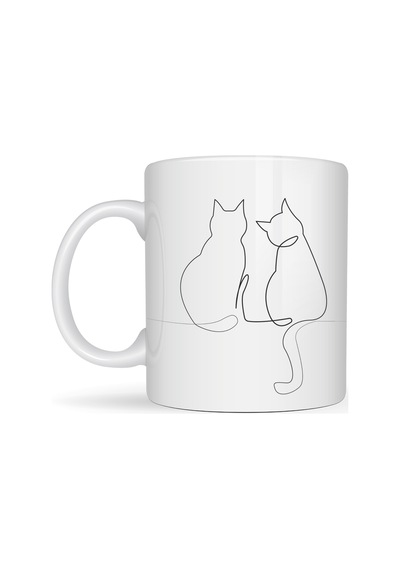 Vaveni Minimal Çizim İki Kedi Desenli Porselen Kupa Model 77 Sevgi Temalı Şık Tasarım, Kahve & Çay Kupası Arz Diğer