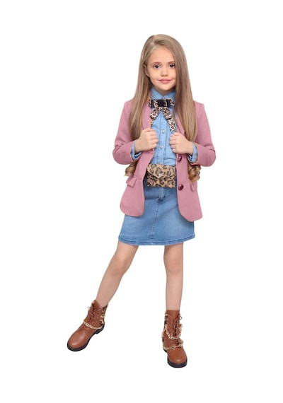 Riccotarz Kız Çocuk Leopar Desenli Fiyonk Detaylı Kot Gömlek Pudra Blazer Ceket Etekli Takım Pembe Riccotarz Kız Çocuk Leopar Desenli Fiyonk Detaylı Kot Gömlek Pudra Blazer Ceket Etekli Takım Pembe