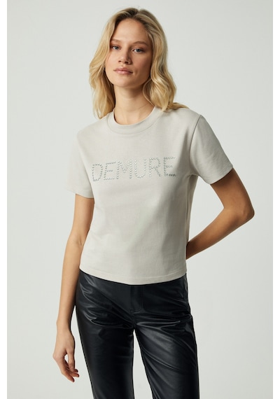 Ethıquet DEMURA Kadın Regular Taşlı Yuvarlak Yaka Açık Gri T-Shirt
