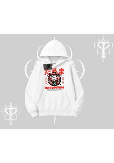 Startmore Kapşonlu Sweatshirt Daruma Kedi Anime Baskılı Beyaz