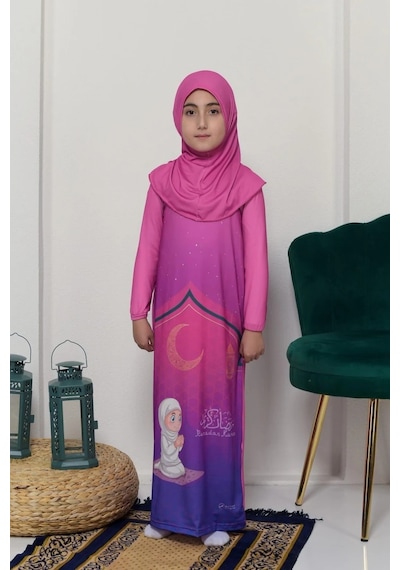 Çocuk Namaz Takımı Pratik Tek Parça Desenli Kollu Tak Çıkar Başörtülü Likralı Tesettür Elbise 6-12 Yaş 925-0201 Koyu Pembe