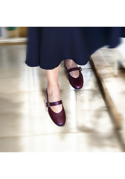 Ne&ve Shoes Bordo Karartmalı Hakiki Deri Yuvarlak Burunlu Tokalı Kadın Babet