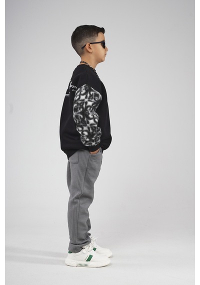 King-Brich Kingbrich Kids Bisiklet Yaka Kolu Garnili Baskılı Çocuk Sweatshirt SIYAH