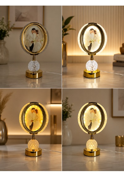 Kişiye Özel Fotoğraflı Kristal Led Masa Lambası-gold Çerçeveli 20x34