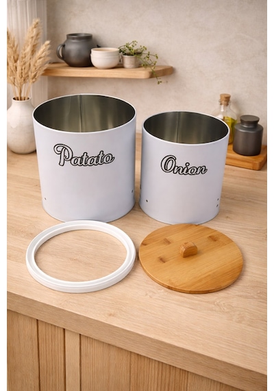 Bambu Tek Kapaklı Metal Patates Soğanlık Decorev Beyaz Dc -7106 Siyah - Beyaz
