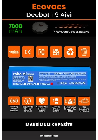 Ecovacs Deebot T9 Aivi Uyumlu 7000mah Robot Süpürge Batarya - Maksimum Kapasite