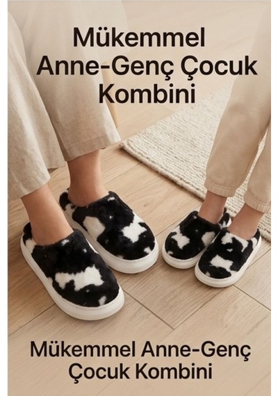Hafif Ve Yumuşak Peluş Kaymaz Taban Anne Çocuk Misafir İnek Desen Cow Print Ev Terliği 5808 Siyah - Beyaz Hafif Ve Yumuşak Peluş Kaymaz Taban Anne Çocuk Misafir İnek Desen Cow Print Ev Terliği 5808 Siyah - Beyaz