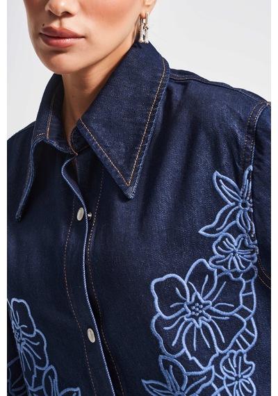 Kadın İndigo Mavi Renk 7w5-50 Oversize Çiçek Nakışlı Özel Tasarım Denim Gömlek Ceket