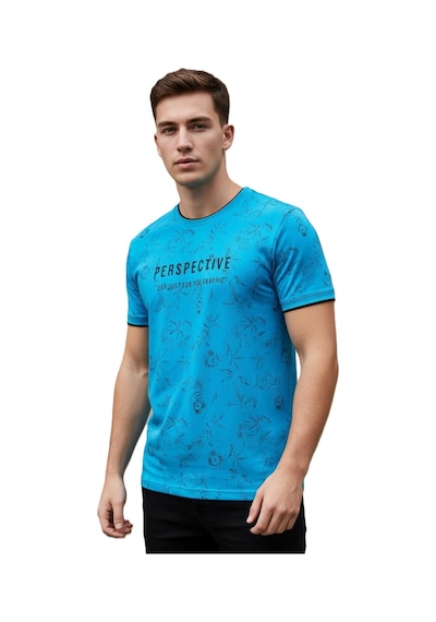 Lacaton 26-7004 Erkek Bisiklet Yaka Baskılı T-shirt Saks Saks