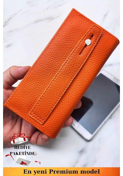 Vanilla Collection Telefon Bölmeli Unisex Turuncu Cüzdan Mıknatıslı Ve El Bantlı Büyük Paraportföy El Çantası Turuncu