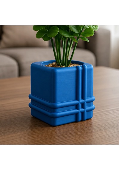 3d Baskı Square Planter - Izgara Desenli Küp Saksı-mavi