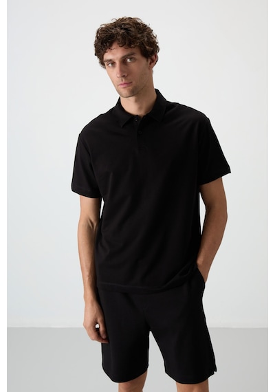 Air Jones Tommy Life Siyah Pamuklu Kalın Yumuşak Dokulu Polo Yaka Oversize Fit Basic Erkek T- Shirt - 88381 Siyah