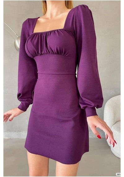 DefyModa Kadın Minimal Krep Kumaş Kare Yaka Uzun Kollu Elbise Mor
