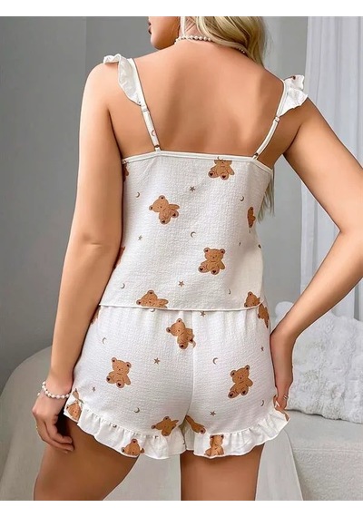 Atyticaret Kadın Pamuklu Ayıcık Desen Fırfırlı Askılı Şortlu Pijama Takımı Görsel