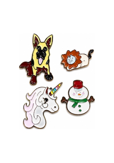 Sevimli Karakterler 4'lü Metal Rozet Seti Unicorn, Aslan, Kardan Adam Ve Köpek Gri