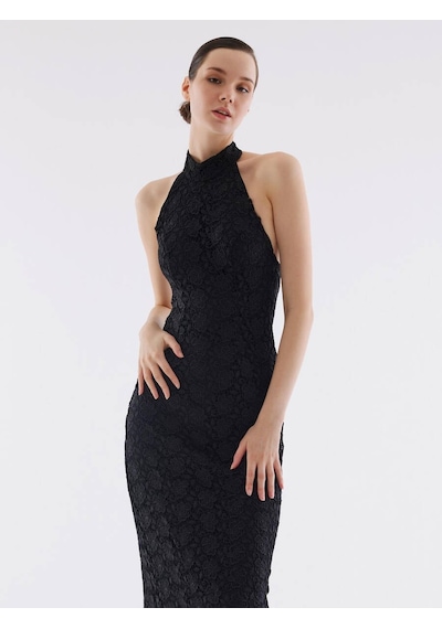 Markapia Dantel Halter Yaka Siyah Elbise Standart