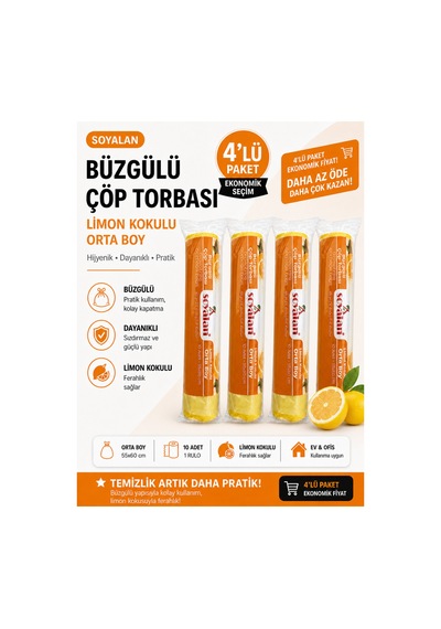 Büzgülü Çöp Poşeti Limon Kokulu 55x60 Cm Orta Boy 4 Rulo Dayanıklı Sızdırmaz Kalın Çöp Torbası