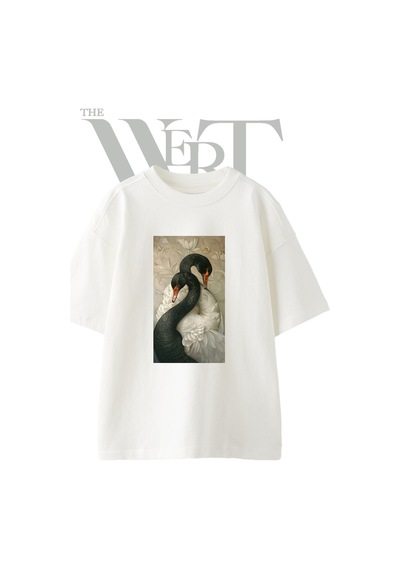 Thewert Black White Swans Tasarım Baskılı Ünisex Beyaz Oversize T-shirt