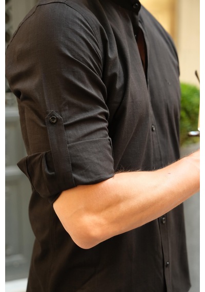 Hakim Yaka Slim Fit Keten Hediye Kutulu Erkek Gömlek Fs-003042 - Siyah-2193