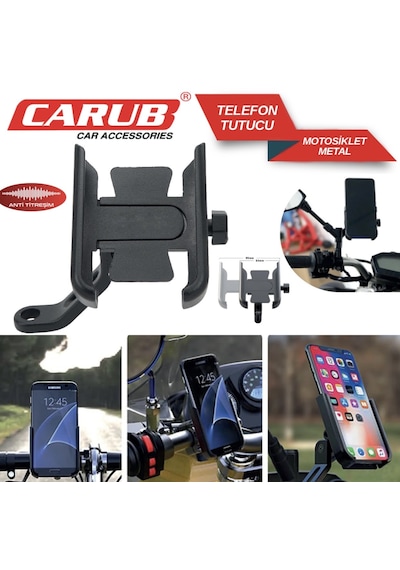 Carub Dikiz Ayna Bağlantılı Metal Motosiklet Ve Bisiklet Telefon Tutucu Siyah