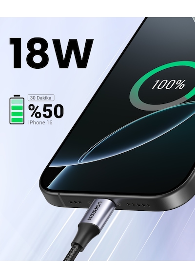 Ugreen Usb-c - Usb-a 3a Qc Örgülü Hızlı Şarj Kablosu, 1 M, Siyah, 60126
