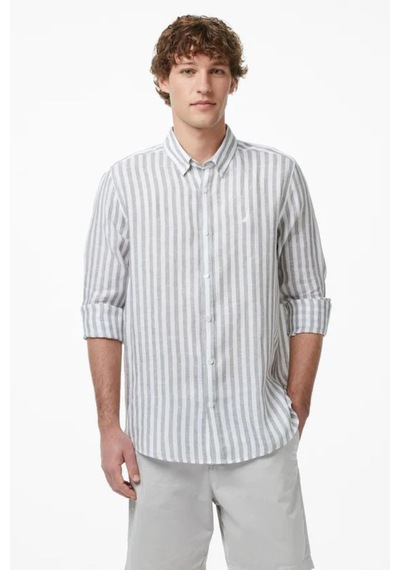 Nautica Erkek Yeşil Regular Fit Çizgili Keten Gömlek-15326
