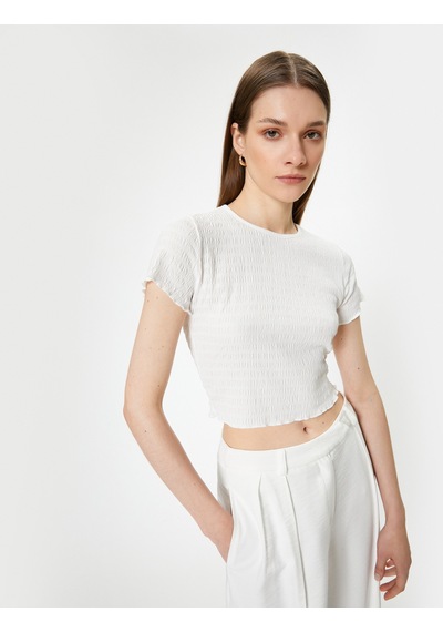 Koton Crop Tişört Dokulu Kısa Kollu Bisiklet Yaka Beyaz 4sak50525ek Beyaz