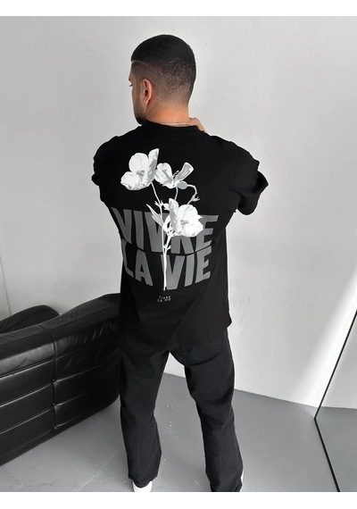 Erkek Ön Ve Arka Baskılı T-shirt Kısa Kol Bisiklet Yaka Regular Fit Tişört - Siyah