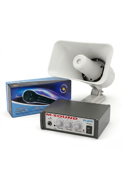 Audıox Ps-50 Pazarcı Ses Sistemi Seti 12 Volt 50 Watt Pazarcı Amfisi Horn Hoparlör Dinamik El Mikrofonu