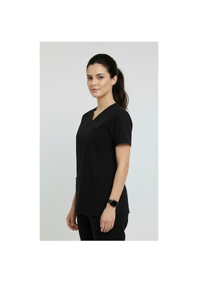 Tek Üst Siyah Unisex Doktor Ve Hemşire Forması Scrubs Likralı Yarasa Kol