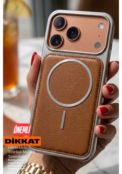 iPhone Uyumlu 13/14 Magsafe Özellikli Arkası Deri Metalik Kenarlı Yumuşak Silikon Telefon Kılıfı Kahverengi