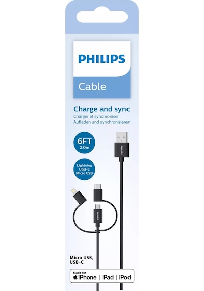 Philips Mfı Apple Uyumlu Lisanslı iPhone 16 Pro 3in1 Micro Usb-lightining-type-c Hızlı Şarj Ve Data Kablosu 2m Siyah Dlc3106t