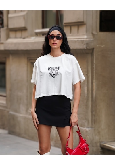 Kadın Bisiklet Yaka Kısa Kollu Oversize Crop Tshirt Ekru