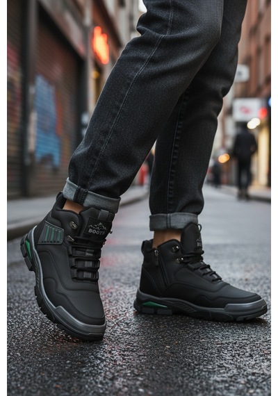 Siyah Yeşil Kaymaz Taban Fermuarlı Unisex Outdoor Bot 444 G Siyah-yeşil