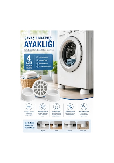 Beyaz Eşya Altlığı Ayağı 4 Adet Çamaşır Bulaşık Makinası Yükseltici Titreşim Önleyici Ayaklık Beyaz
