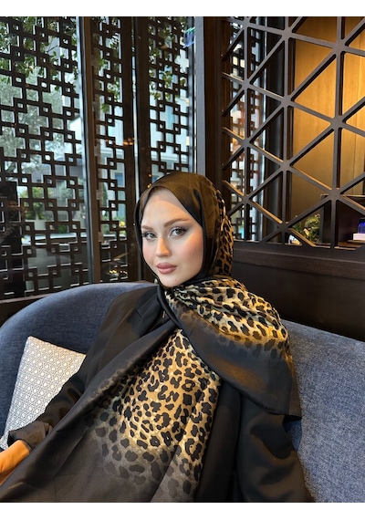 Miorel Scarfs Leopar Desen Vual İpek Şal Fular Silk Scarfs Shawl Hijab Siyah