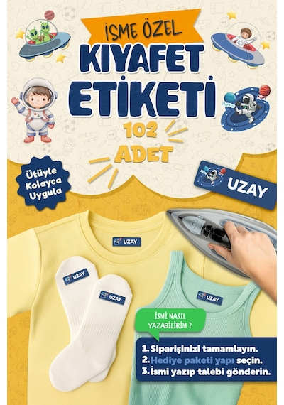 Kıyafet Etiketi - Okul Kıyafetlerine Kişiye Özel 30 Saniyede Kolay Uygulama Yıkanabilir - Uzay Beyaz