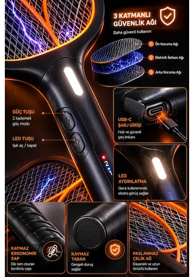 Elektrikli Sinek Raketi Şarjlı, Led Işıklı, 360 Etkili, 15w Güçlü Voltaj, Taşınabilir Sinek Öldürücü Raket
