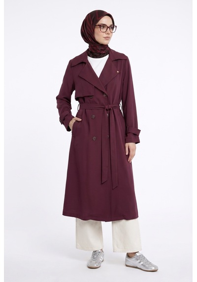 Armine Trend Belden Kuşaklı Aller Detaylı Tencel Kumaş Trençkot Bordo 26ytd714