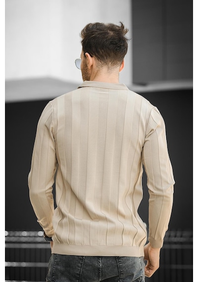 Oksit Vilnius Slim Fit Çizgili Gömlek Yaka Yarım Fermuarlı Erkek Triko 001