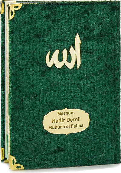10 Adet Kadife Kaplı Yasin Kitabı - Çanta Boy - İsme Özel Plakalı - Tesbihli - Keseli - Yeşil Renk - Mevlüt Hediyeliği - 80 Sayfa