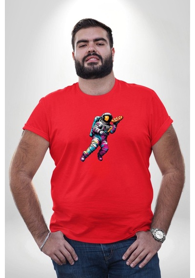 Angemiel Pizza Servisi Uzay Kurye Kırmızı Büyük Beden Erkek Kadın Unisex Basic Ön Baskılı Tişört Kırmızı