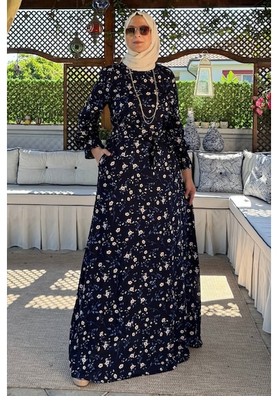 Rabia Şamlı Bihter Mavi Yapraklı Elbise Normal
