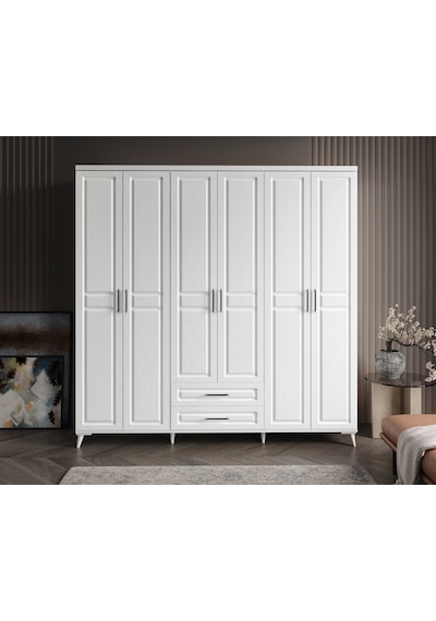 GuneyStore | Gözde 6 Kapaklı Komple MDF Beyaz Gardırop – Elbise Dolabı