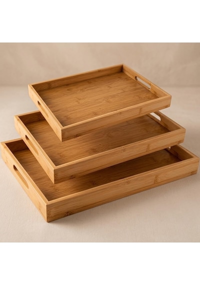 Bambu Servis Tepsisi Seti, Doğal Ahşap, 3&apos Lü Set, Küçük-orta-büyük, Kahvaltı Ve Sunum İçin 15cm