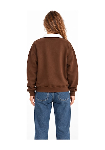 Mevese Kadın Chicago Baskılı Polo Yaka Şardonlu Sweatshirt - Üç İplik Oversize- Acı Kahve Kahverengi