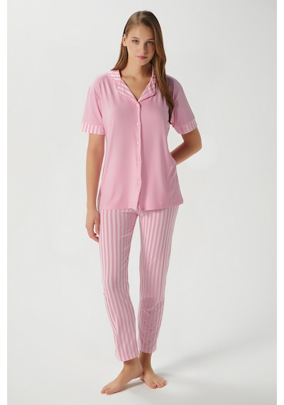 Ritnice Kadın Elena Yumuşak Doku Pembe Çizgili Ön Düğme Kısa Kollu Pijama Takımı